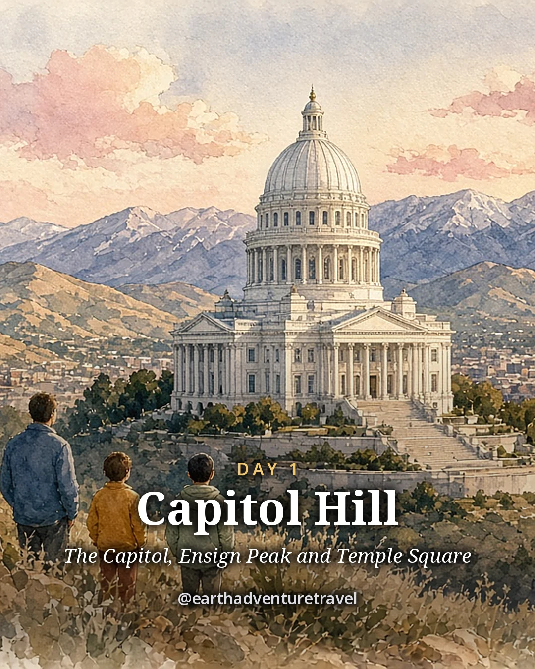 Illustration: a parent and child looking up at the Utah State Capitol with the mountains behind, illustrated day card for Day 1