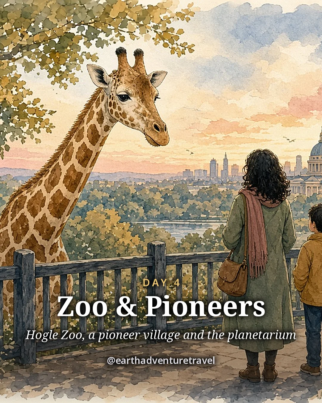 Illustration: a giraffe leaning over a fence toward a parent and child, illustrated day card for Day 4