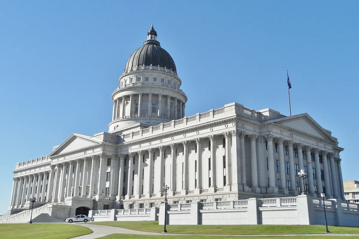 The Utah State Capitol and its dome under a blue sky