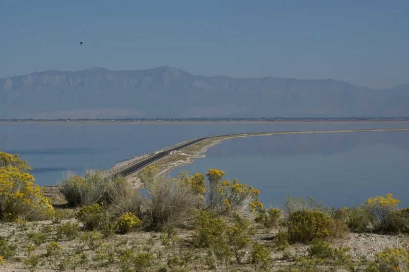 The causeway road running across the lake toward Antelope Island