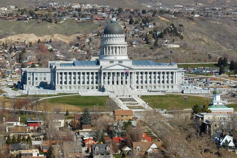 The Utah State Capitol above the houses of Capitol Hill