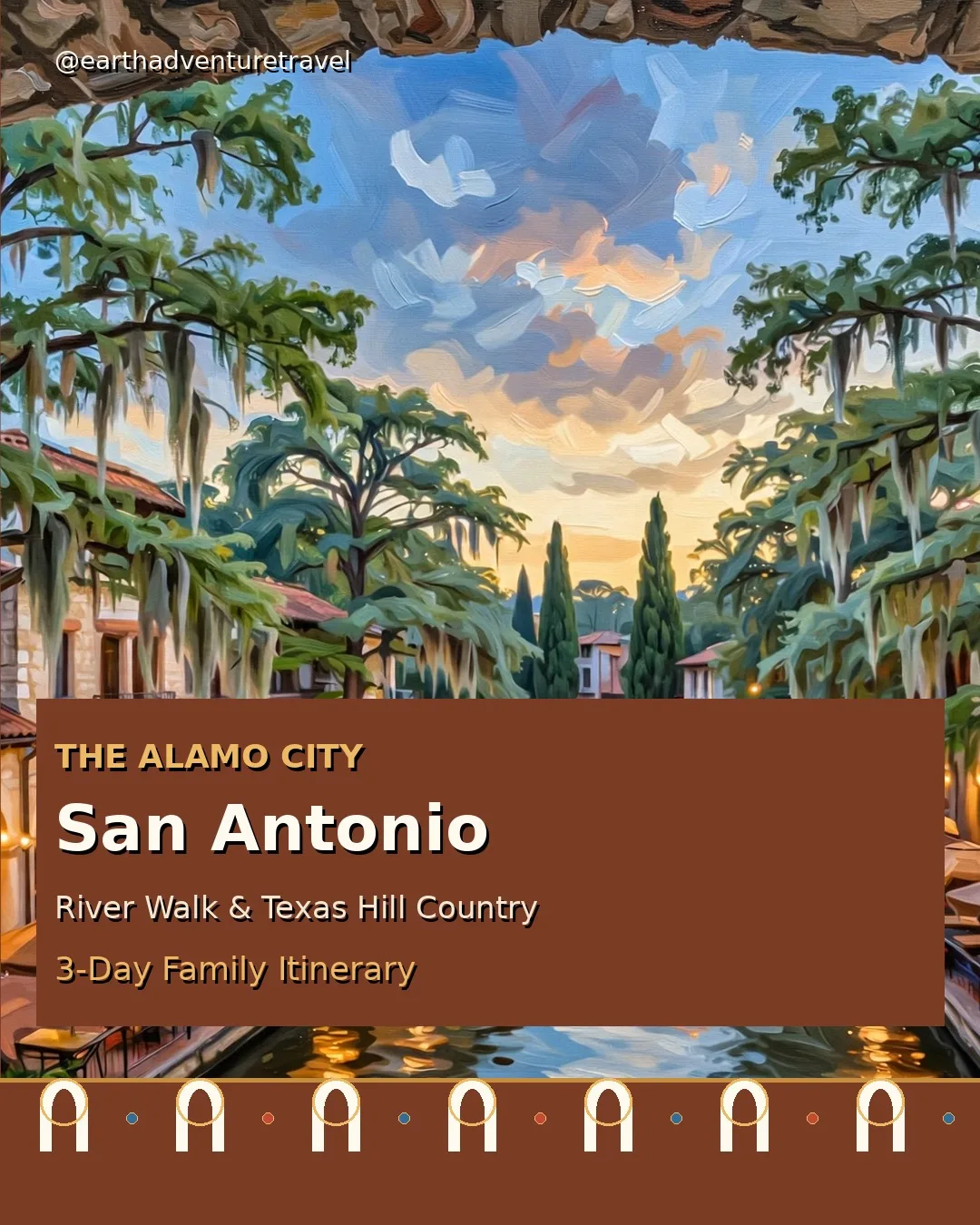 Illustrated San Antonio River Walk with Spanish colonial arches and wildflowers