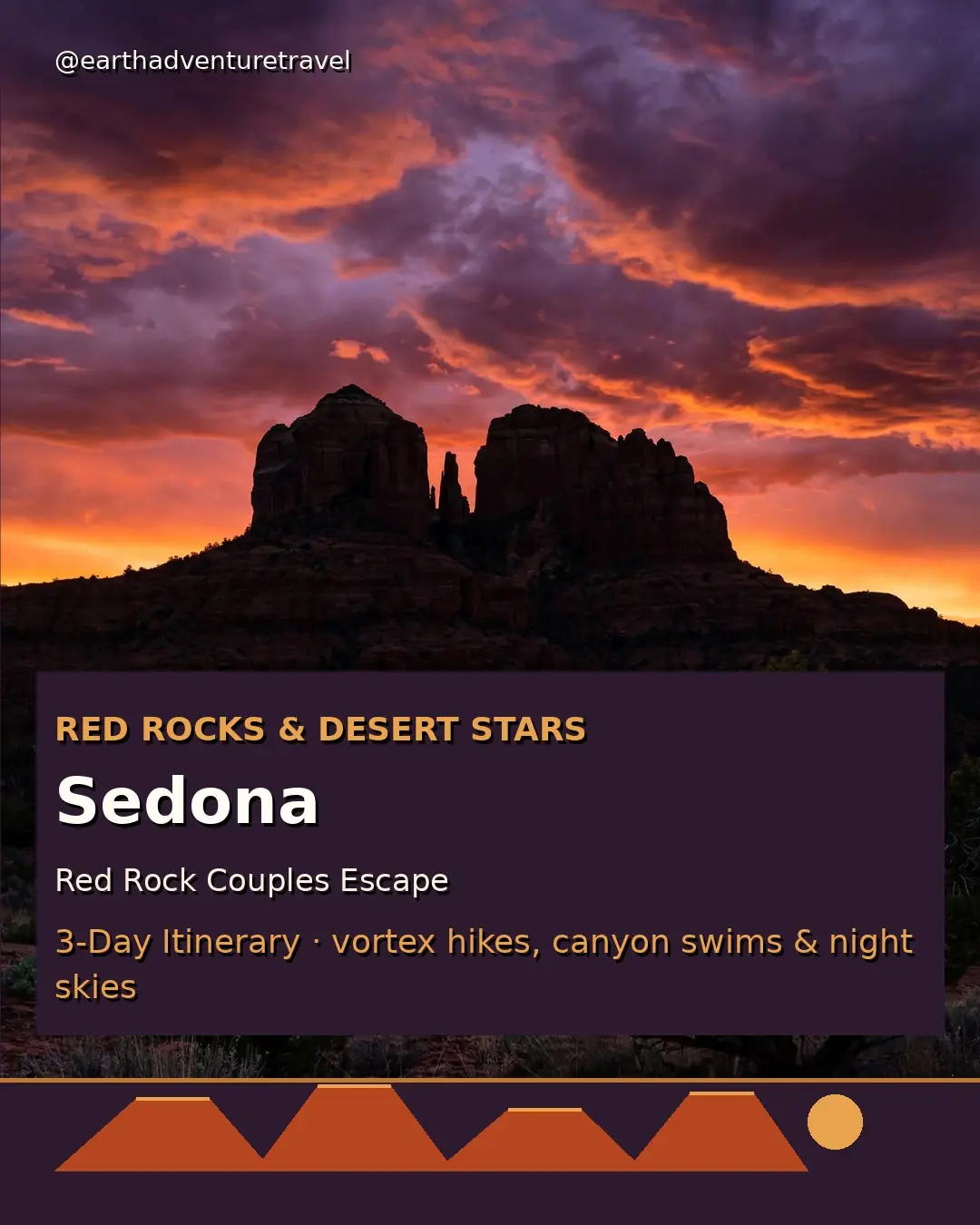 Illustrated Sedona red rocks at dusk with Cathedral Rock