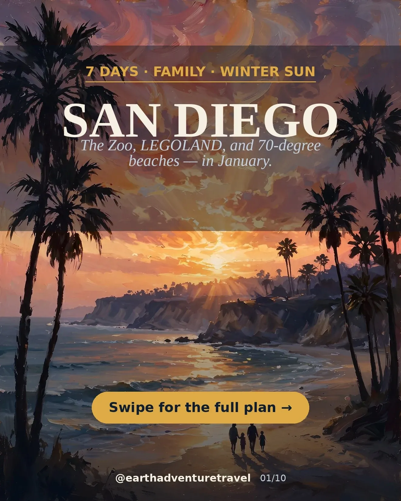Illustrated San Diego family guide cover: family walking a beach at sunset under palm trees