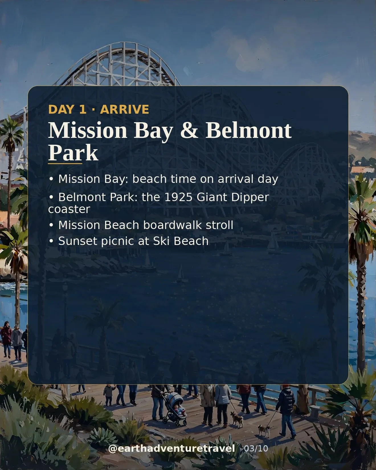 Day 1 graphic: Belmont Park roller coaster over Mission Bay