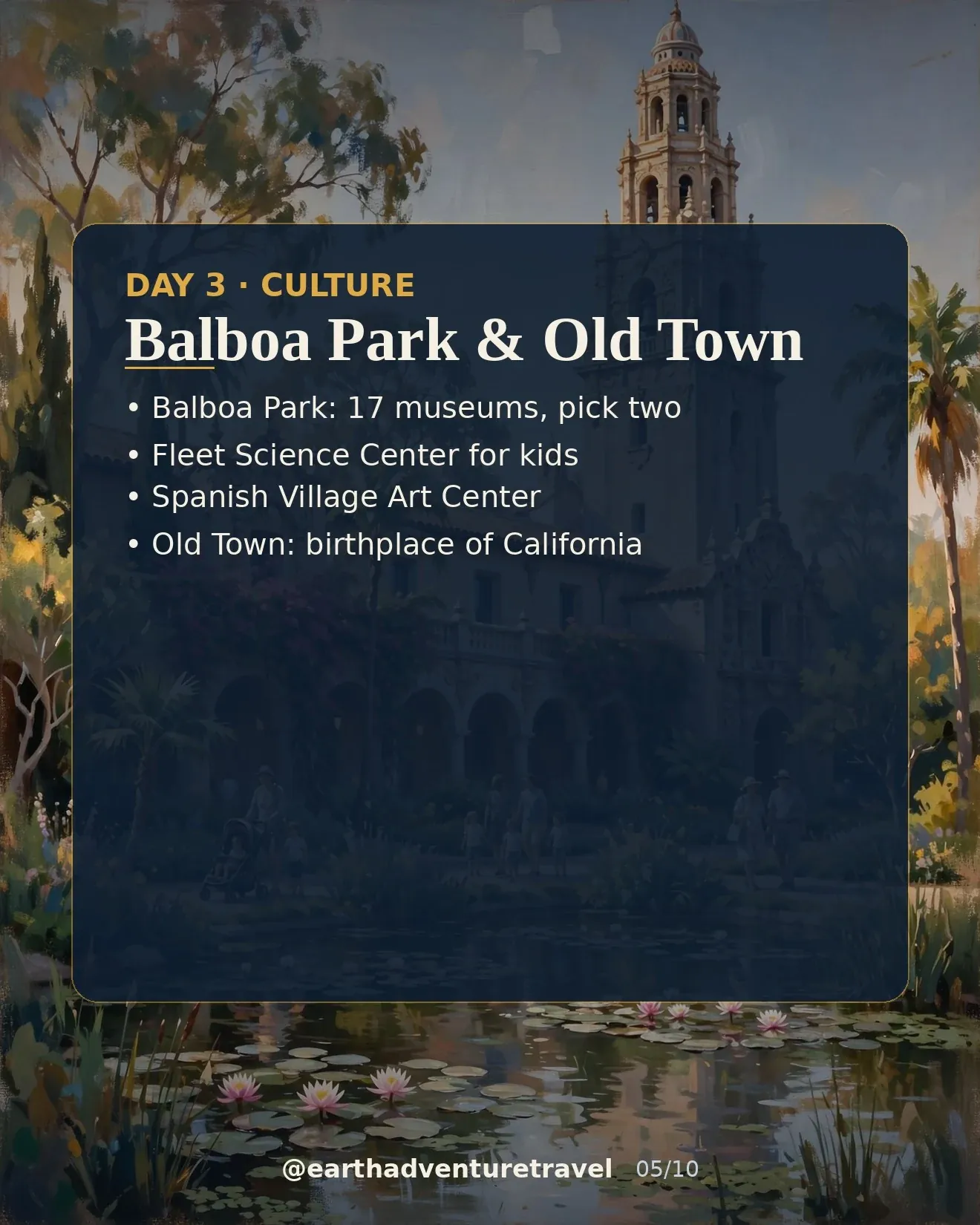 Day 3 graphic: Spanish colonial architecture in Balboa Park