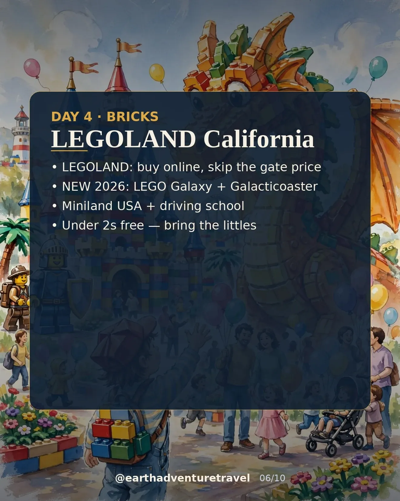 Day 4 graphic: LEGO castle and dragon at LEGOLAND California