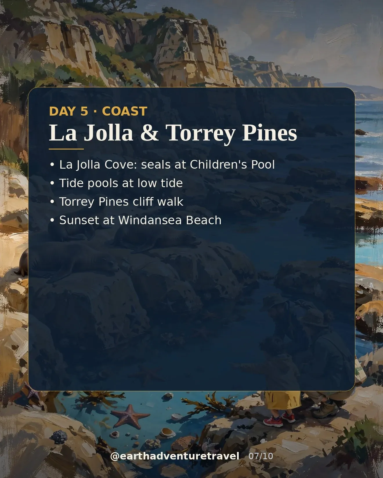 Day 5 graphic: sea lions on rocks at La Jolla Cove