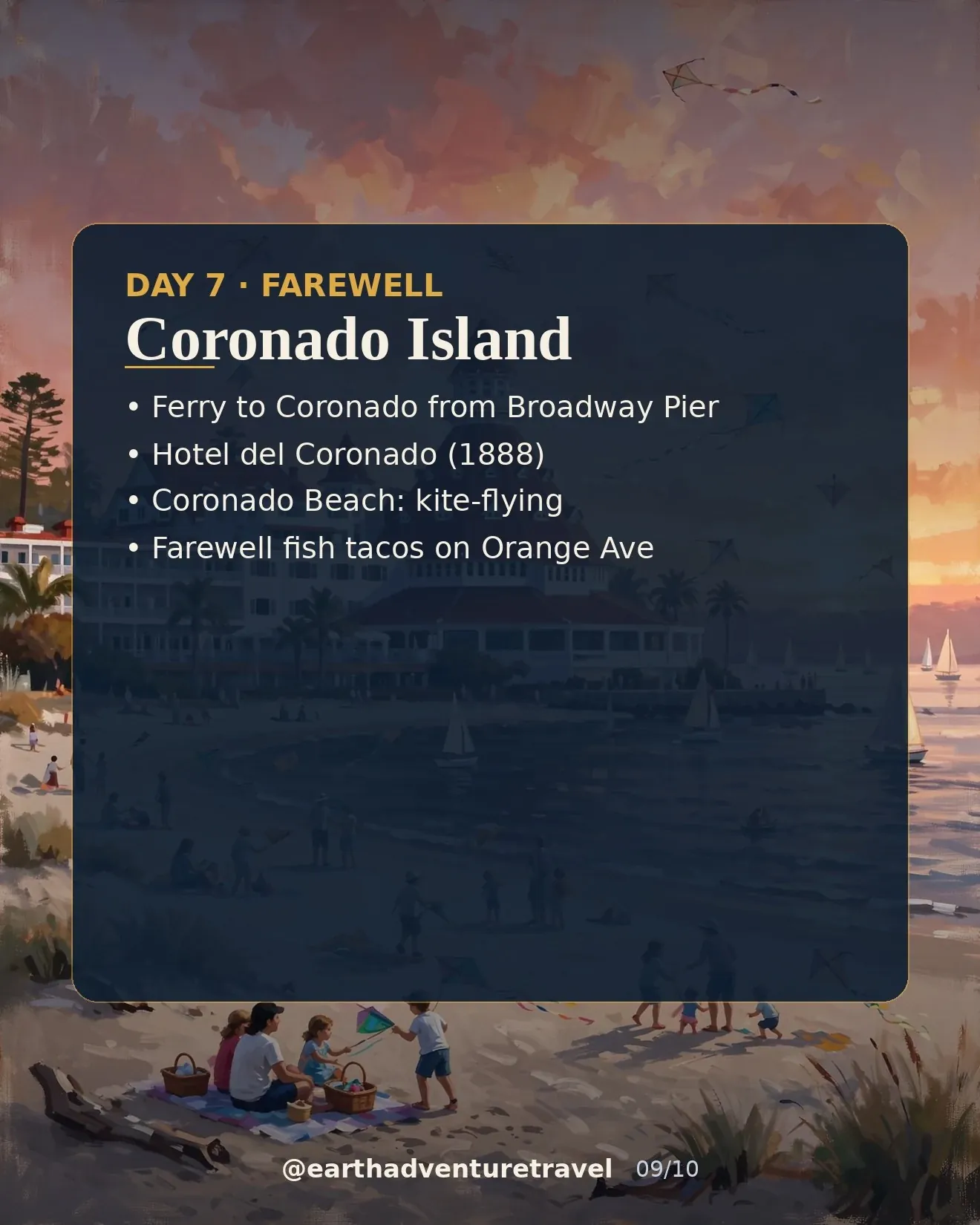 Day 7 graphic: Hotel del Coronado at sunset with kites on the beach