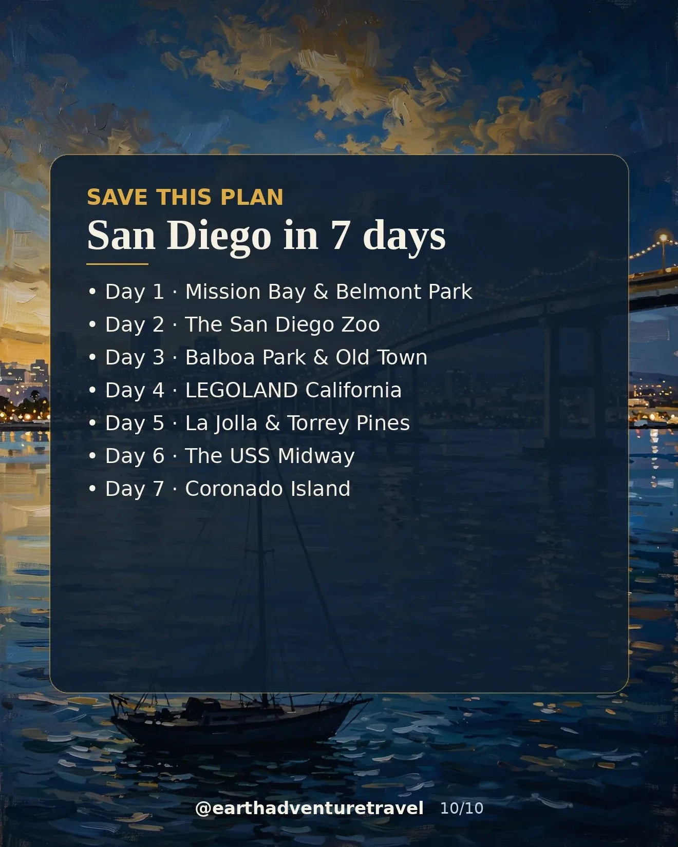 Saveable recap graphic for the seven-day San Diego family route