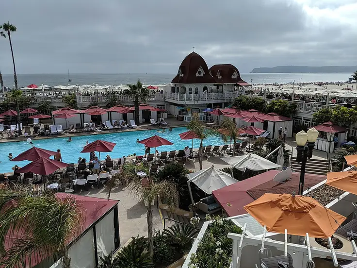 The Hotel del Coronado pool and red roofs