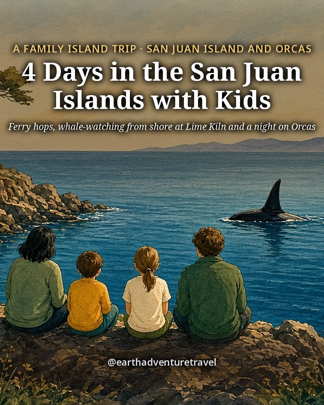 Illustration: the cover for 4 Days in the San Juan Islands with Kids, a family of four seen from behind on dark rocks at Lime Kiln Point on a golden evening, the small white lighthouse with a red roof on the point, madronas on the bluff and an orca fin in Haro Strait