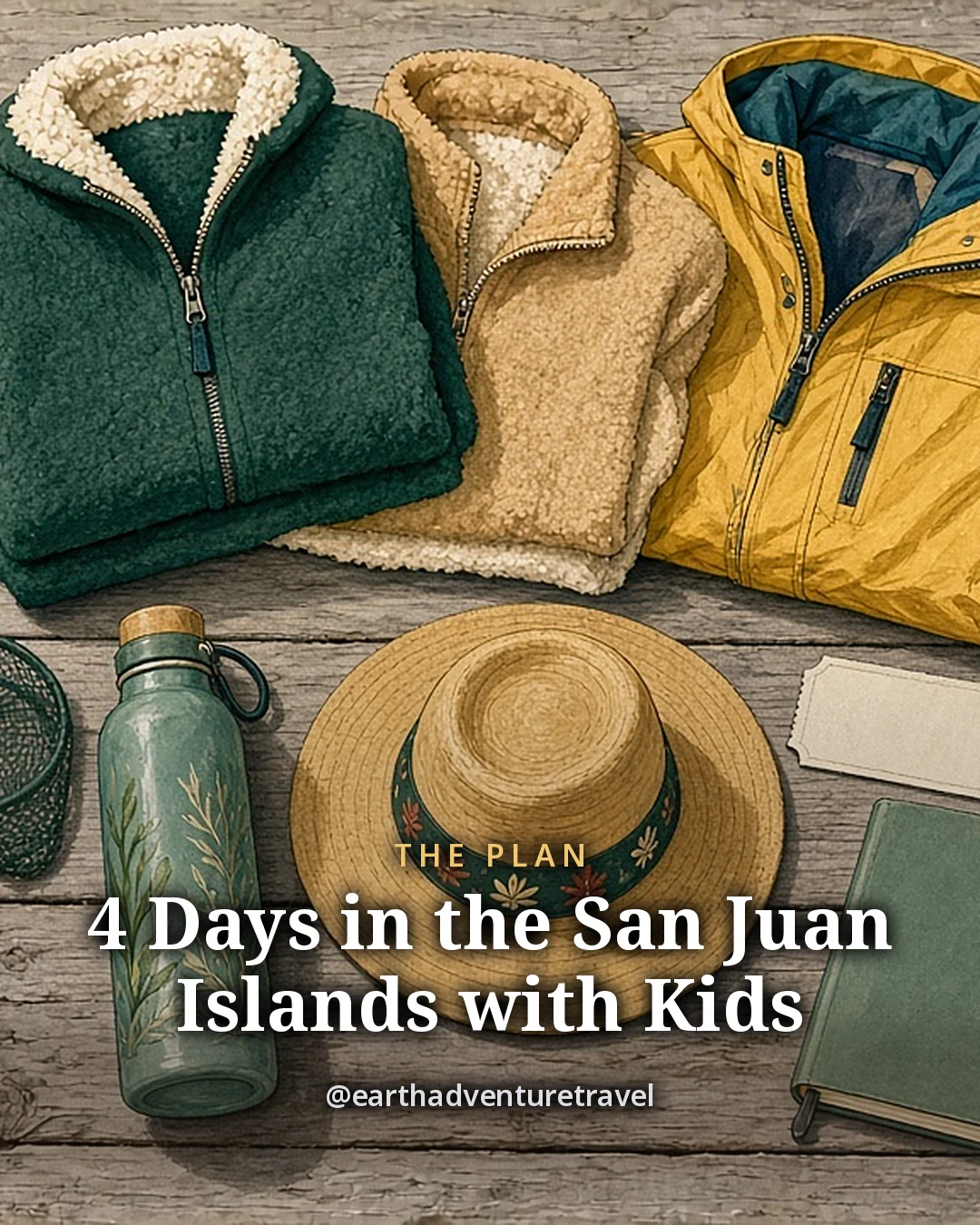 Illustration: a family island kit on a wooden table, child-size binoculars, a folded fleece, a small tide-pool bucket and net, rain jackets and snacks in a cloth bag beside a folded blank paper map, original illustrated plan card for 4 days in the San Juan Islands