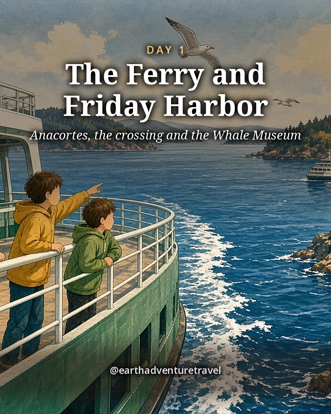 Illustration: two children at the outer deck rail of a green-and-white car ferry, a white wake curling behind and forested islands sliding past under a summer sky, illustrated day card for Day 1