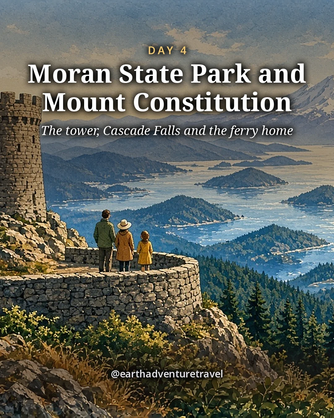 Illustration: the stone lookout tower on Mount Constitution with tiny figures at the wall, islands scattered in a silver-blue sea below and Mount Baker on the horizon, illustrated day card for Day 4