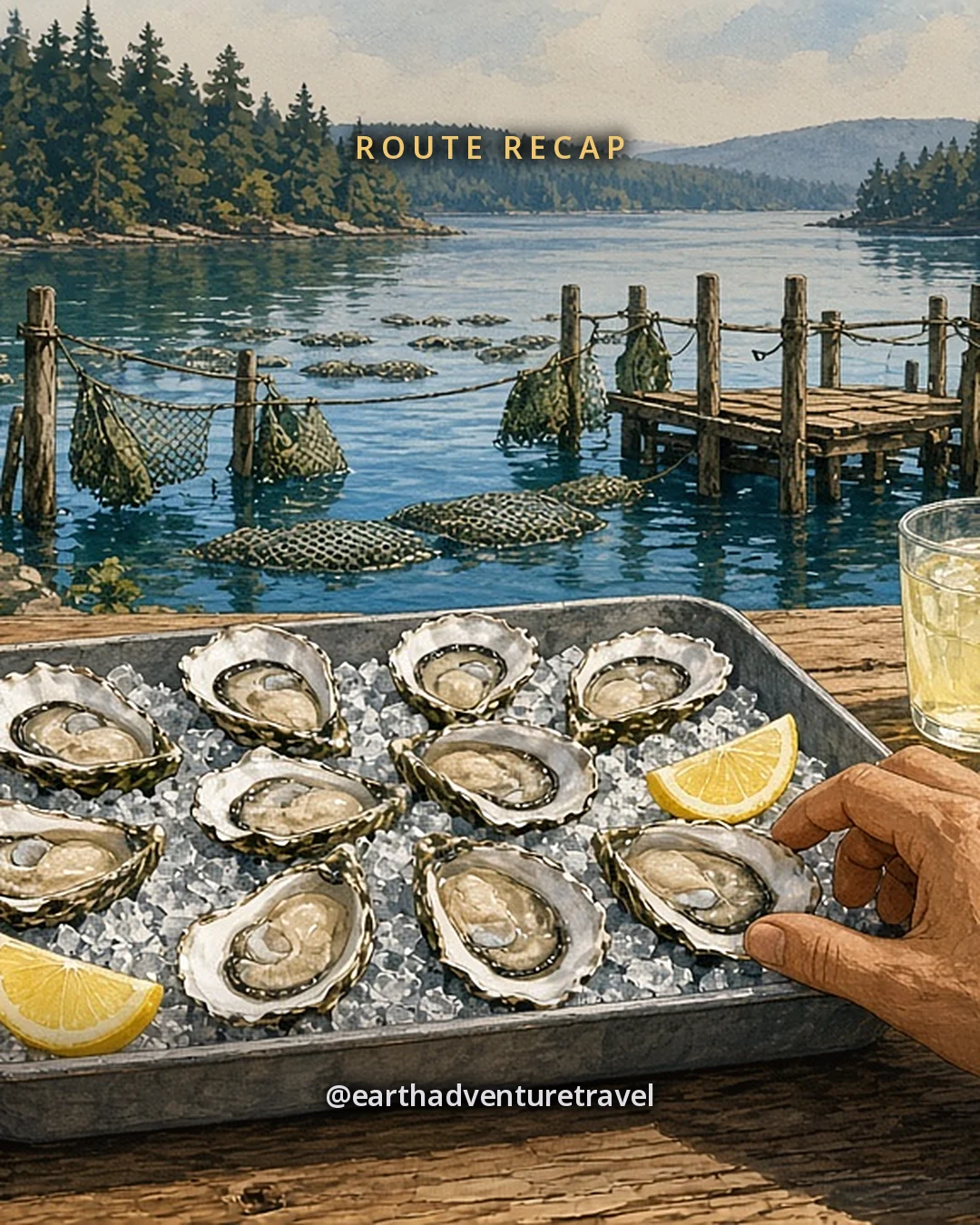 Illustration: a picnic table at an oyster farm on Westcott Bay, oysters on ice with lemon, bread and lemonade, small hands reaching in, a shellfish dock and floating oyster bags with firs beyond, original illustrated recap card