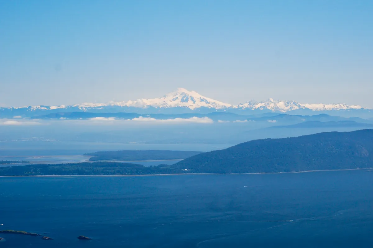 Islands and Mount Baker seen from the top of Mount Constitution on Orcas Island