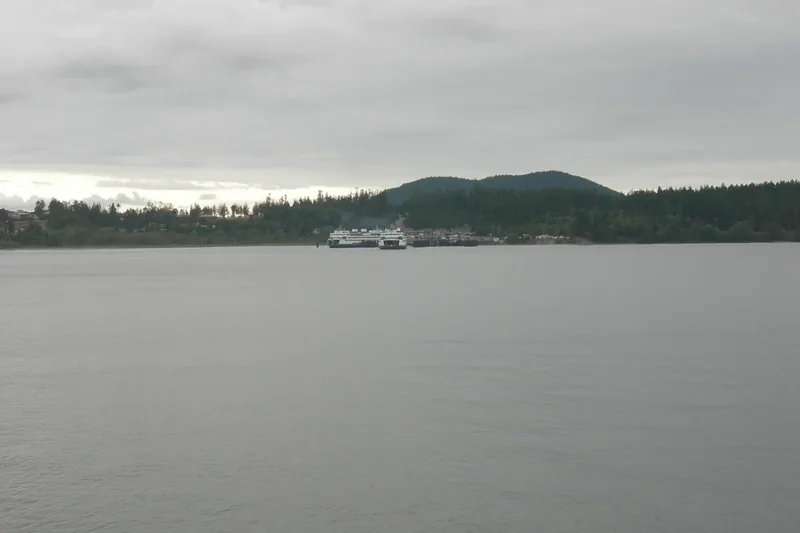 A ferry approaching the Anacortes terminal with forested hills behind