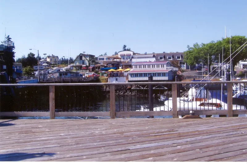 The Friday Harbor waterfront with boats and buildings along the shore