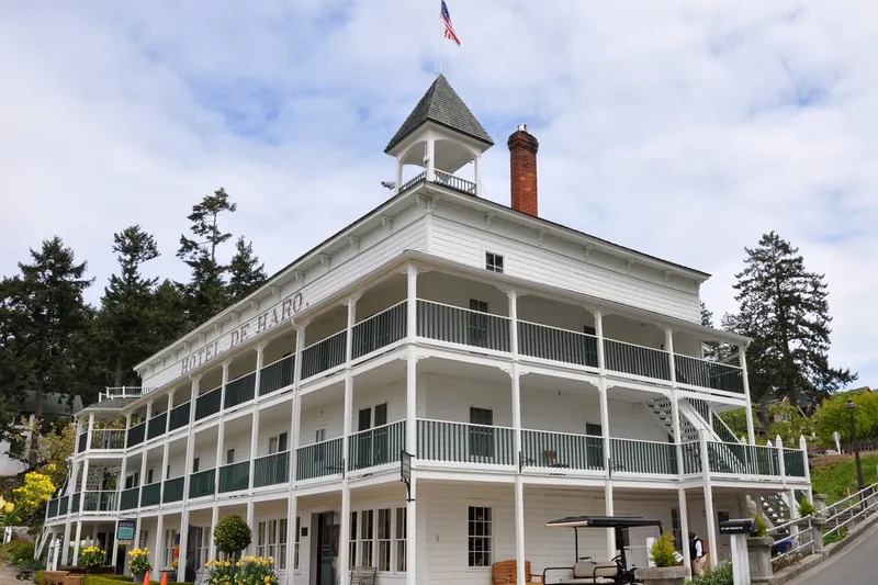 The white Hotel de Haro with its long porches at Roche Harbor