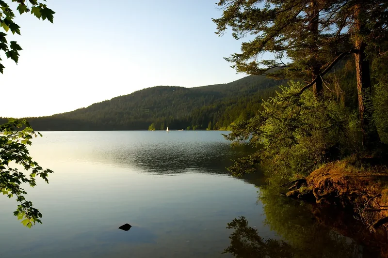 Cascade Lake surrounded by forest in Moran State Park on Orcas Island
