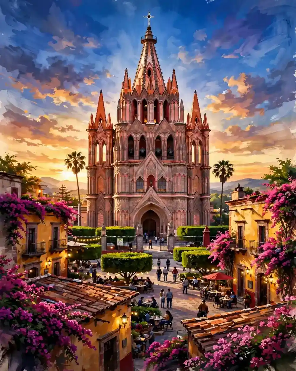 Illustrated San Miguel de Allende couples guide cover: the pink Parroquia at golden hour over El Jardín and bougainvillea rooftops