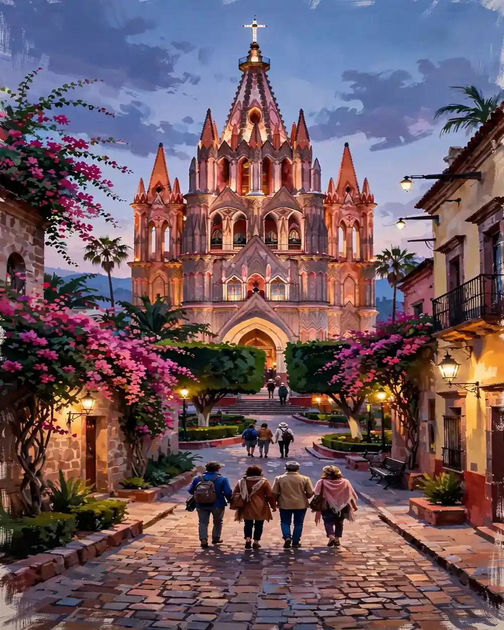 Day 1 graphic: arriving at El Jardín as the Parroquia glows at dusk