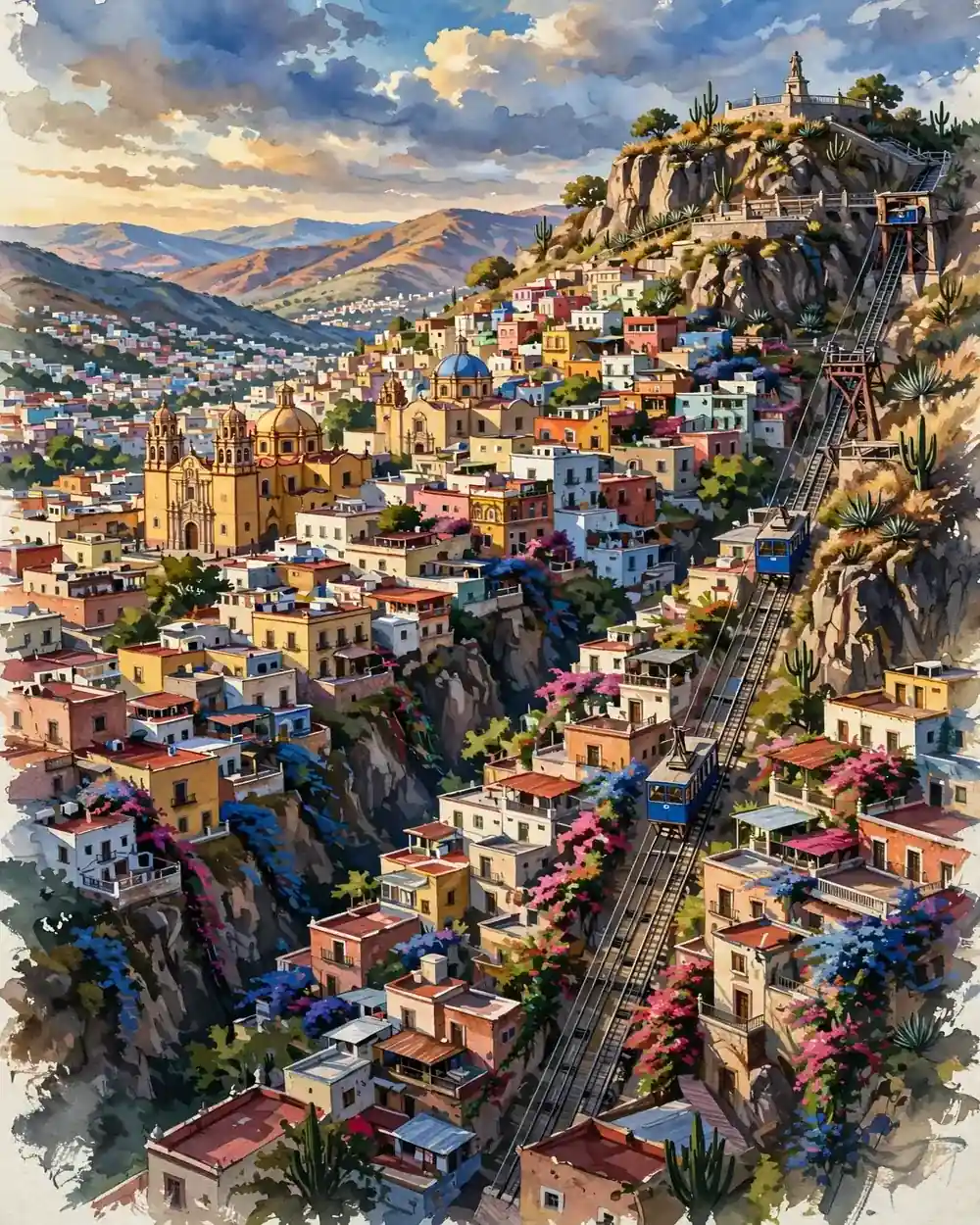 Day 4 graphic: Guanajuato city's colorful hillside houses and the funicular
