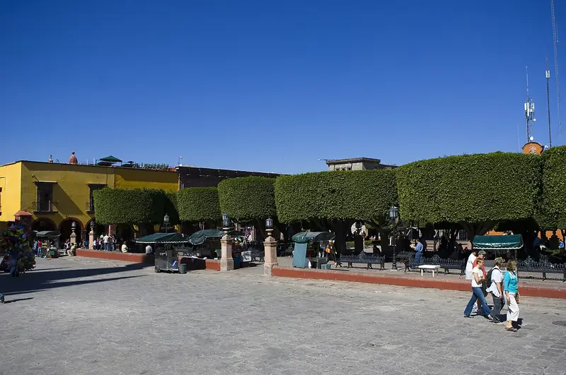 El Jardín plaza with its trimmed trees