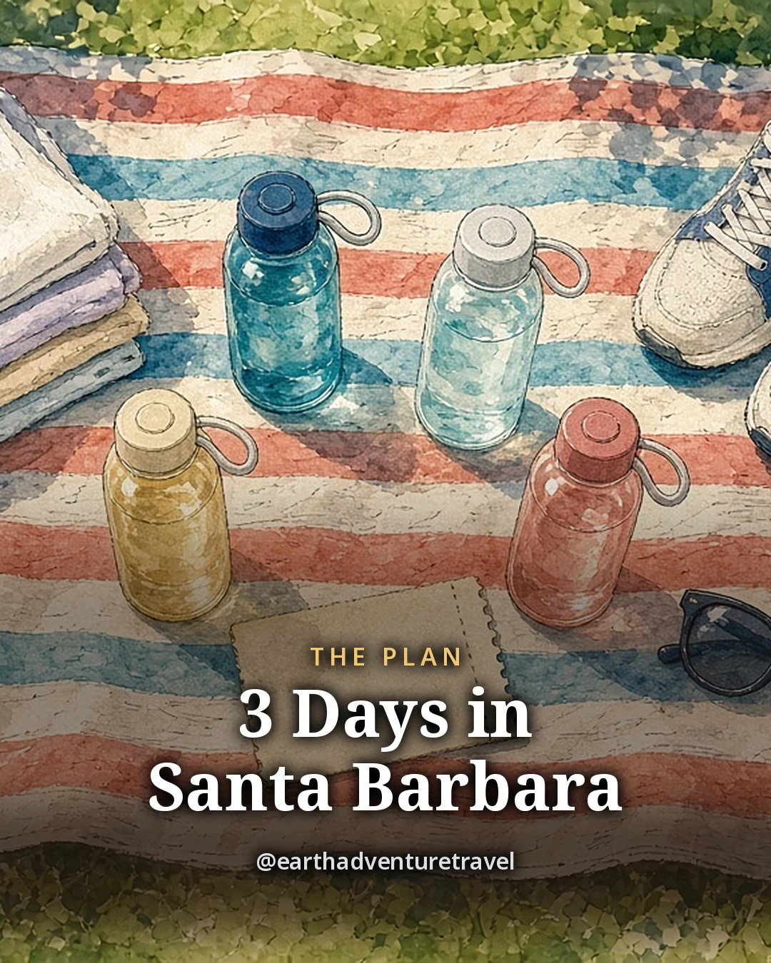 Illustration: a striped beach blanket on grass with folded towels, water bottles, sneakers, sunglasses and a notebook laid out for a group, original illustrated plan card for 3 days in Santa Barbara