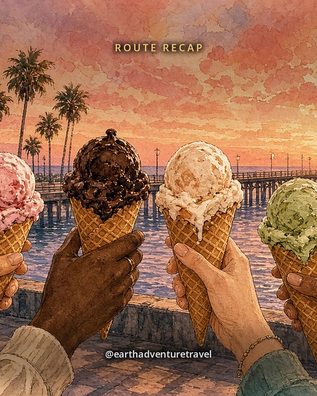 Illustration: four friends’ hands raising ice cream cones against a pink sunset over the ocean, with palms and Stearns Wharf behind, original illustrated recap card