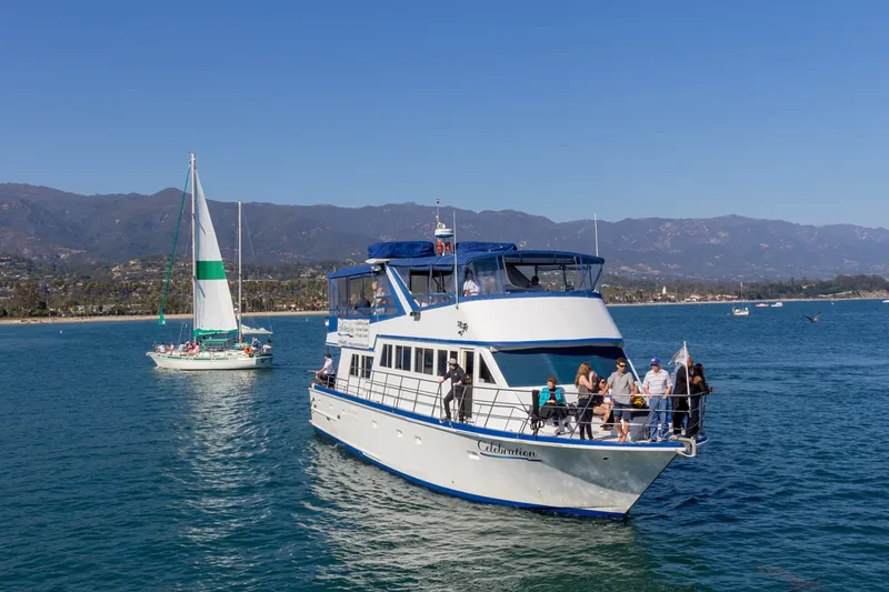 Boats moored in Santa Barbara Harbor with the mountains behind