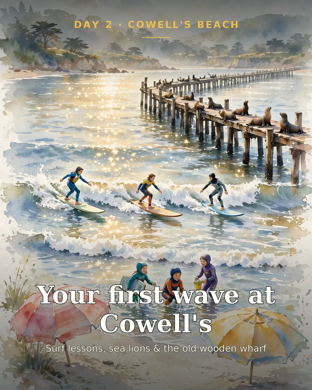 Illustration of kids learning to surf at Cowell's Beach with sea lions on the Santa Cruz Wharf