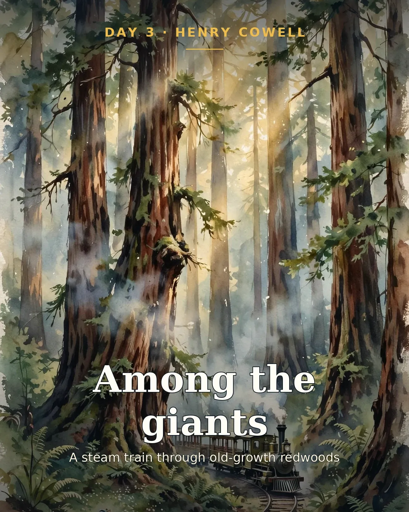 Illustration of a steam train winding through old-growth redwoods at Henry Cowell Redwoods State Park