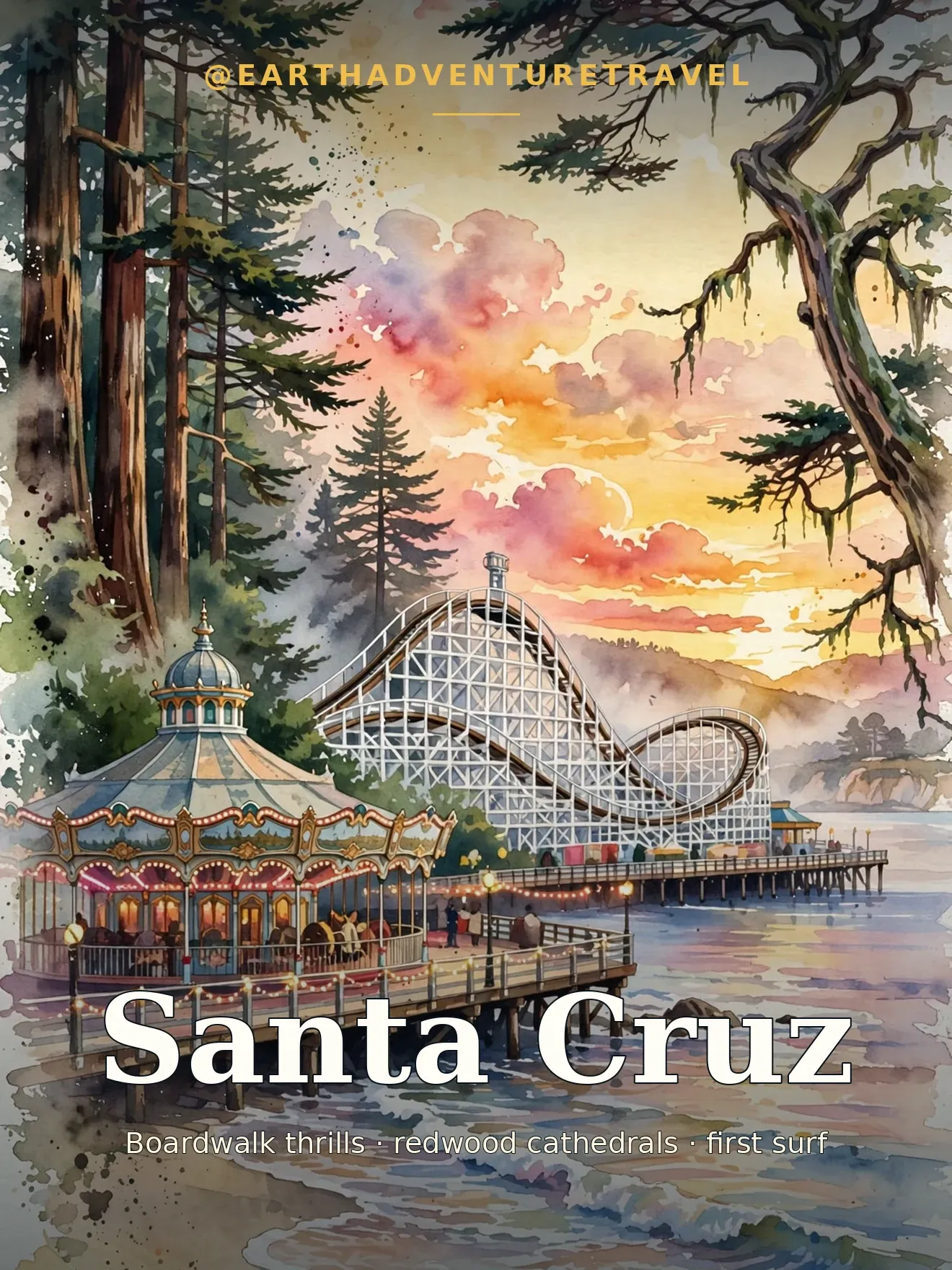 Illustrated Santa Cruz cover: the Beach Boardwalk's Giant Dipper and carousel beside the surf, framed by redwoods