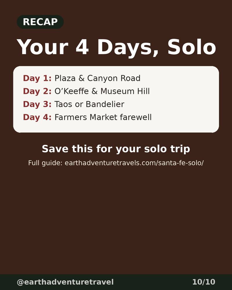 Four-day recap graphic for the Santa Fe solo route