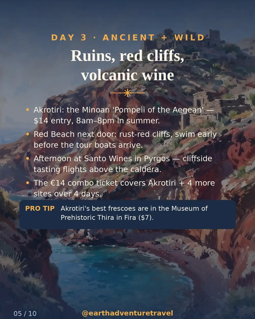 Illustrated day 3: Red Beach cliffs and Akrotiri ruins