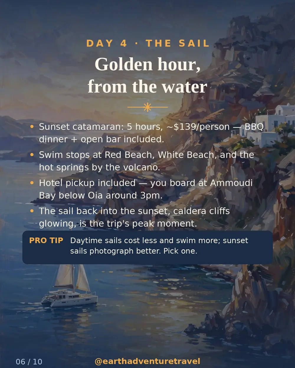 Illustrated day 4: catamaran sailing the caldera at sunset