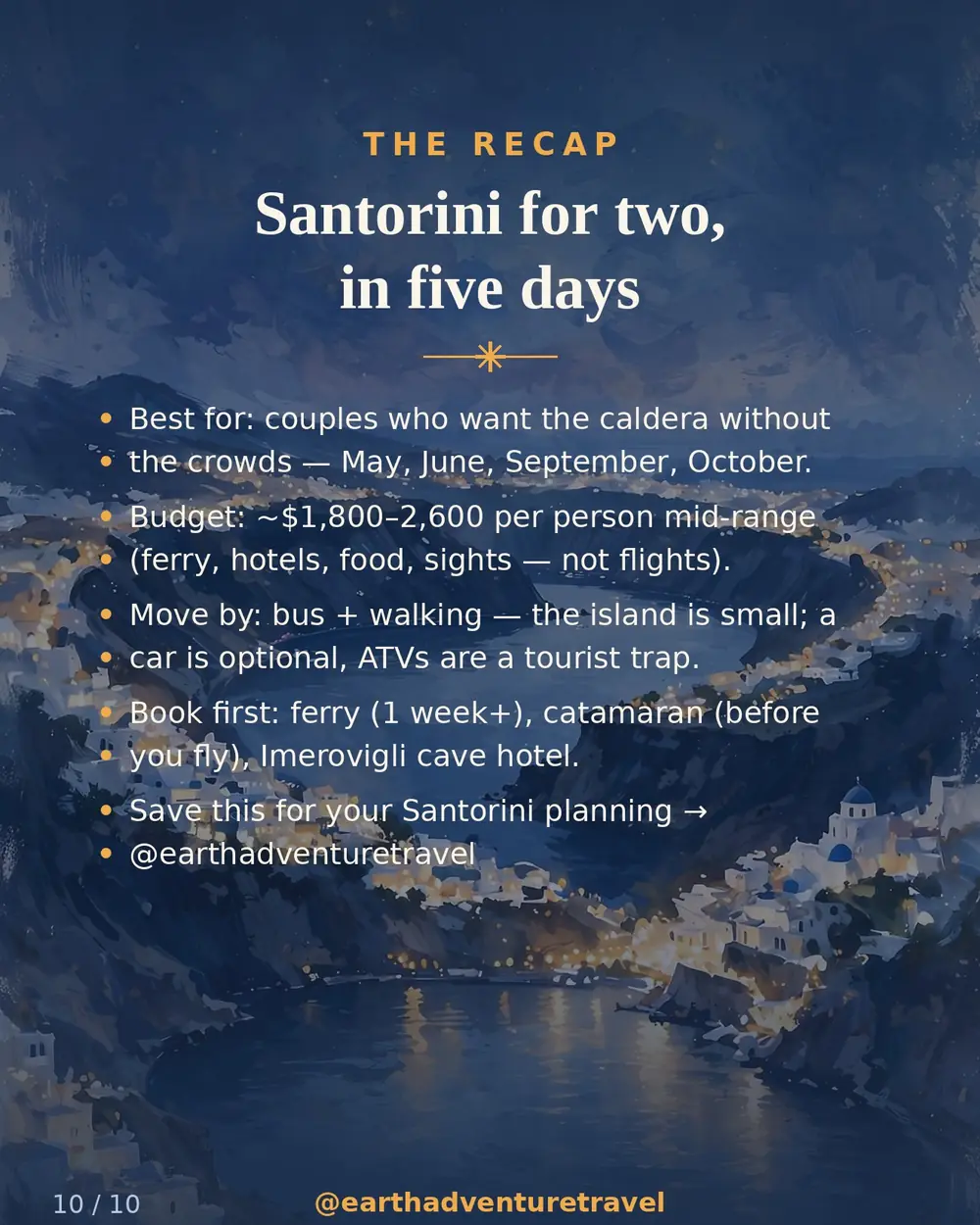 Saveable recap graphic for the Santorini couples route