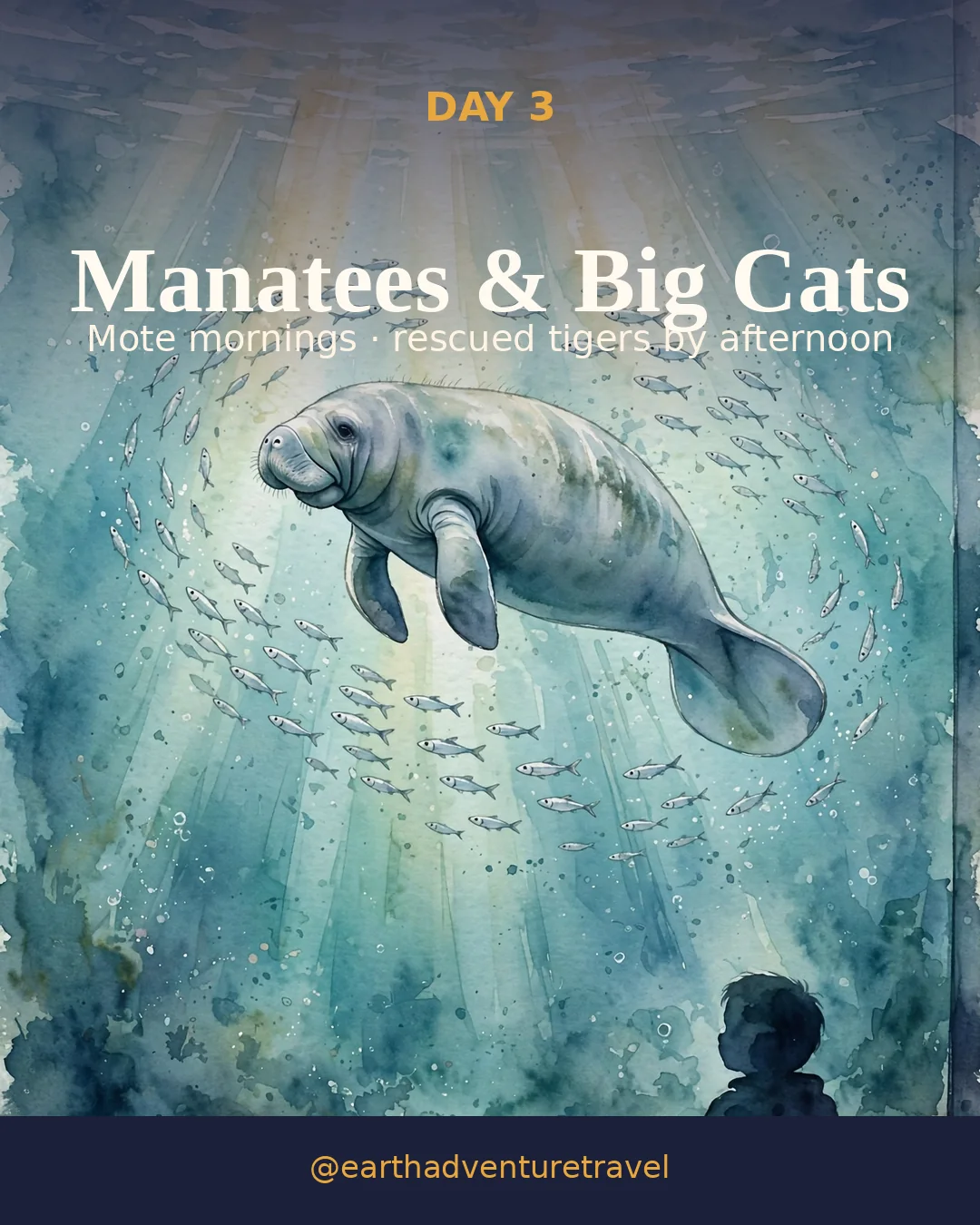Day 3 graphic: a manatee gliding through teal aquarium water as a child watches