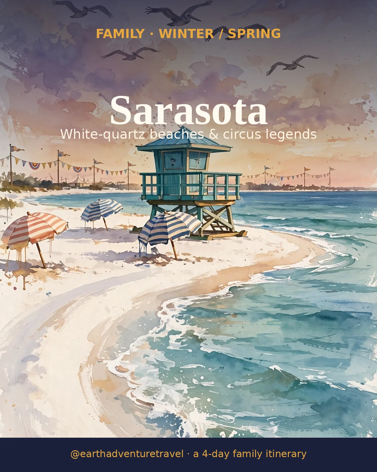 Painterly Siesta Key beach at golden hour — white quartz sand, turquoise Gulf water, a teal lifeguard tower and circus pennant flags