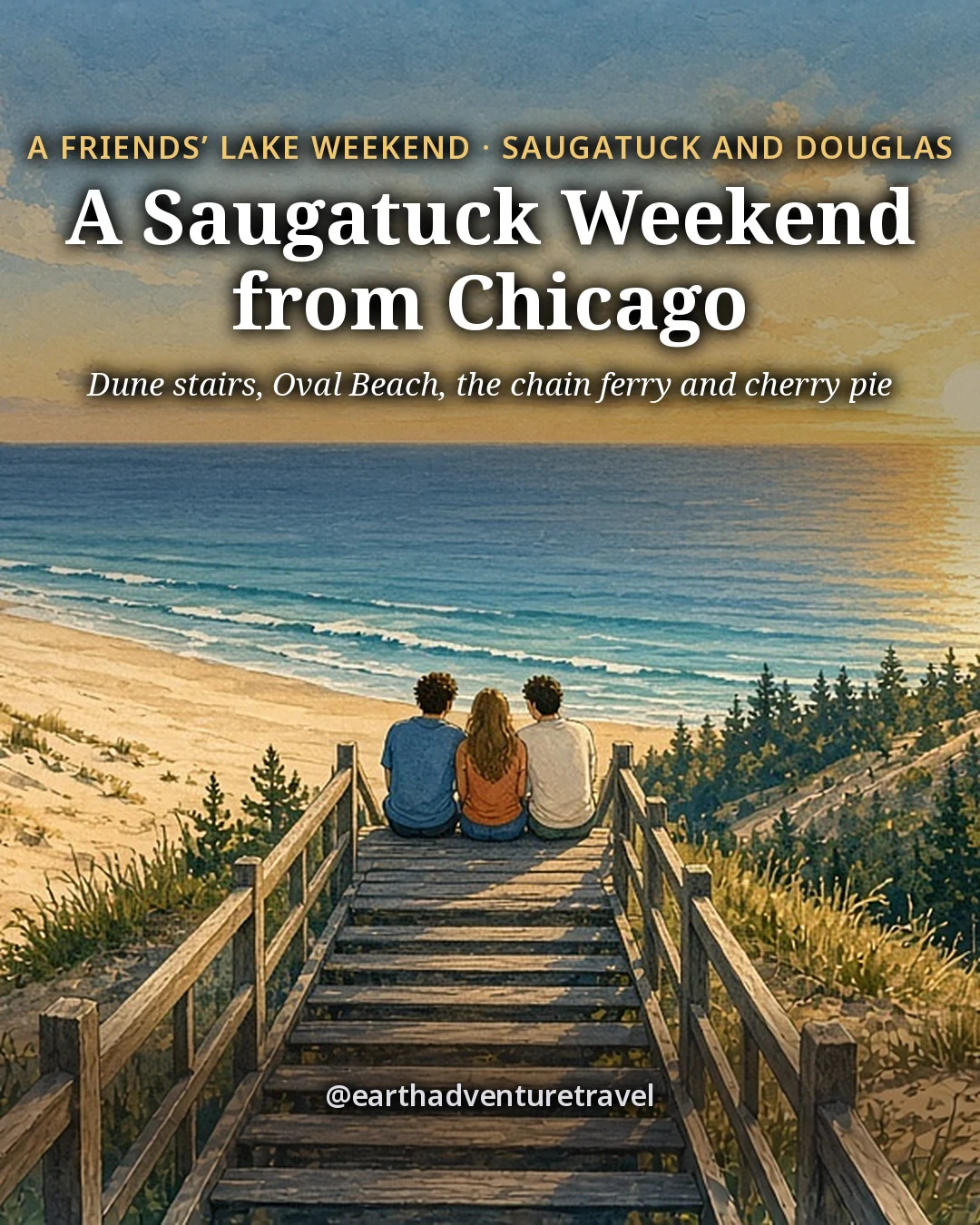 Illustration: the cover for 3 Days in Saugatuck from Chicago, three friends seen from behind sitting together on the top landing of a long wooden staircase on a wooded sand dune at sunset, looking west over Lake Michigan, a wide pale beach and dune grass below