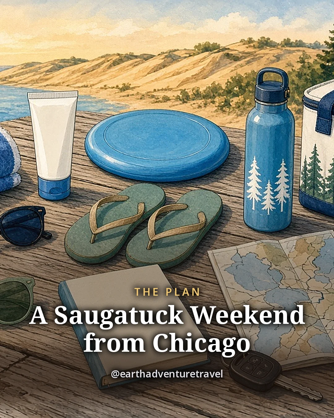 Illustration: a friends’ beach weekend kit laid out on sun-warmed dock boards, sunglasses, a rolled striped towel, a frisbee, sunscreen, a small cooler, a paper bag of cherries and a car key, original illustrated plan card for 3 days in Saugatuck