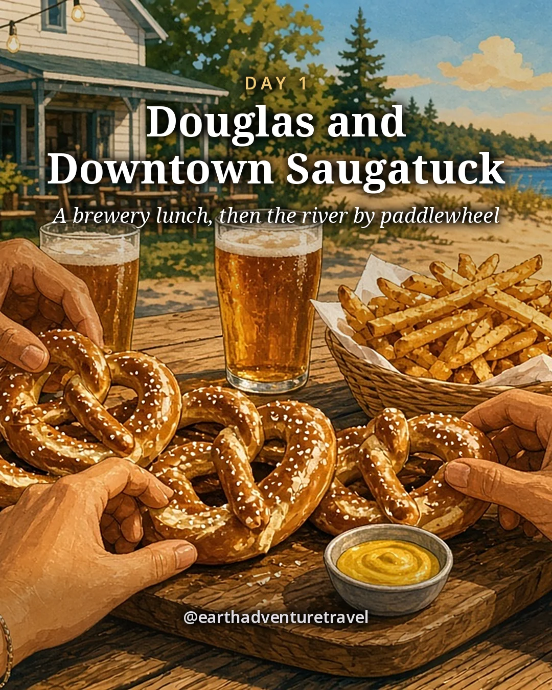 Illustration: friends’ hands reaching for a wooden board of soft pretzels with mustard and a basket of fries on a sunny brewery patio table, string lights and a white clapboard building behind, illustrated day card for Day 1