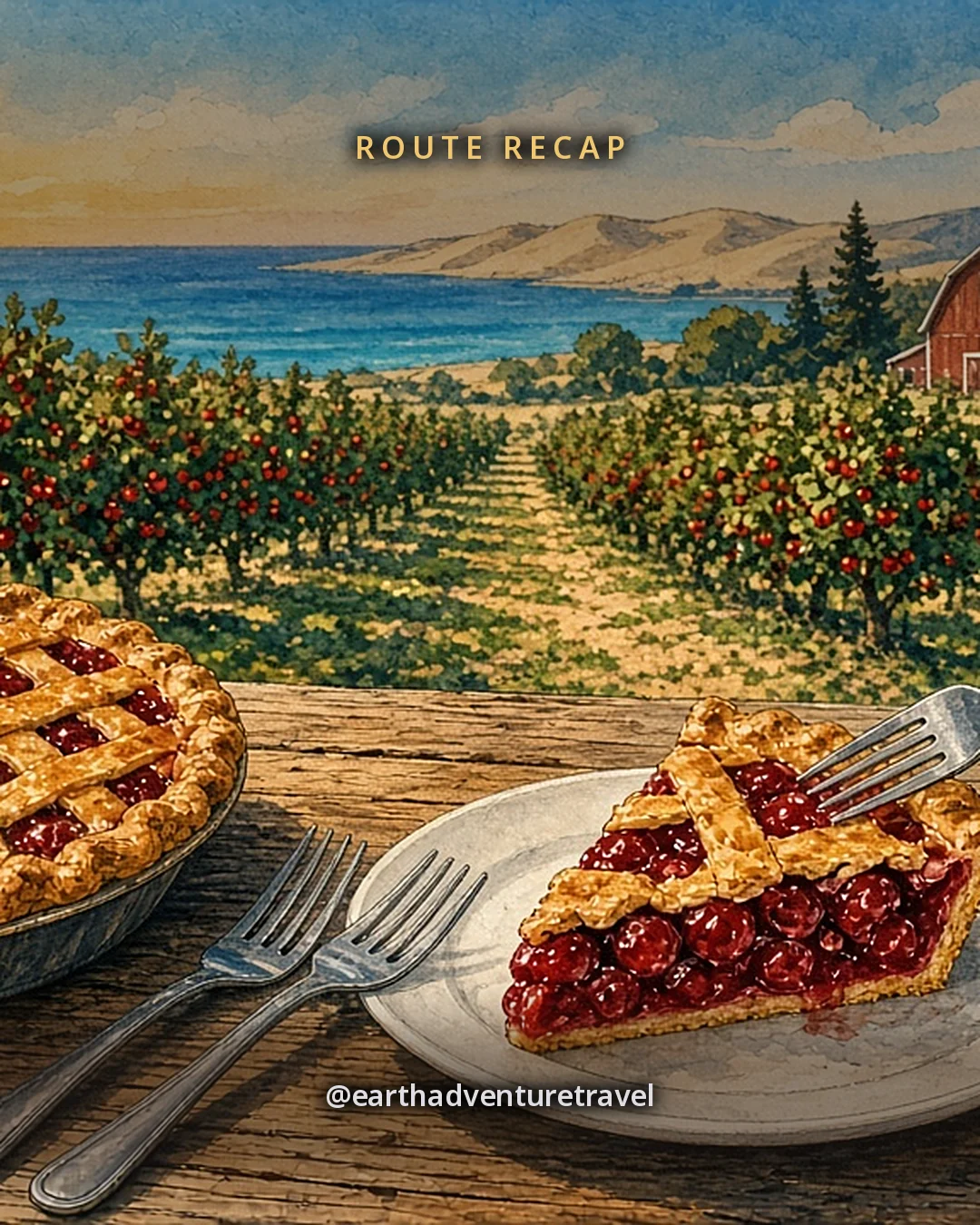 Illustration: slices of cherry pie on plates at a wooden orchard table, forks and coffee cups, friends’ hands reaching in, a red barn and fruit trees behind in the afternoon sun, original illustrated recap card
