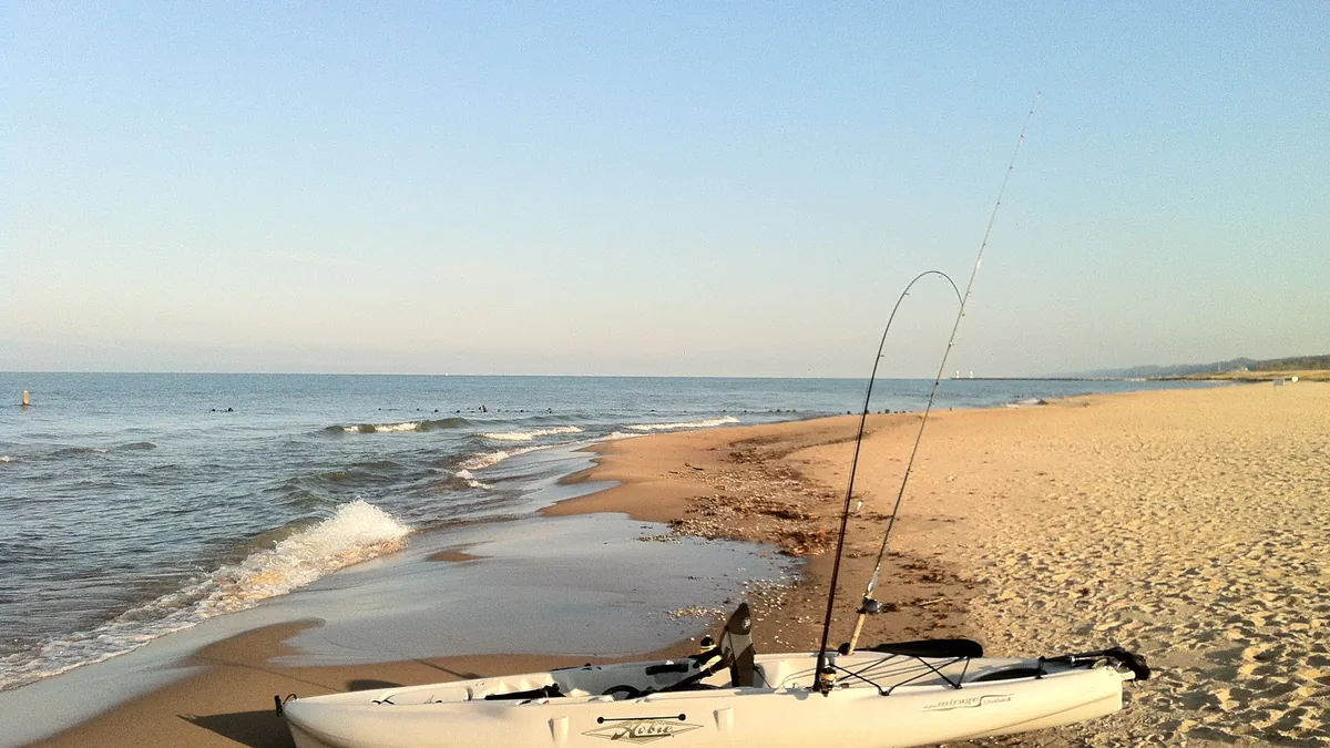 The wide sand of Oval Beach in Saugatuck with Lake Michigan beyond