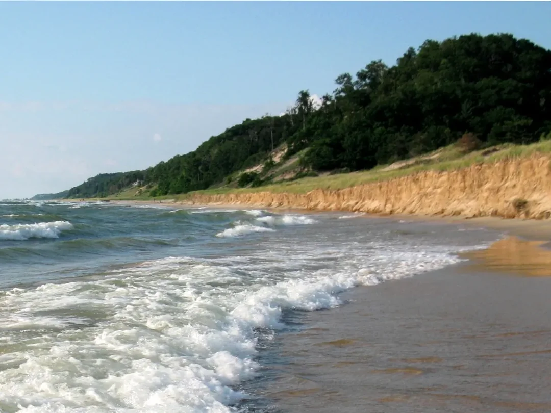 Lake Michigan water beside a grass-covered dune, looking north along the shore
