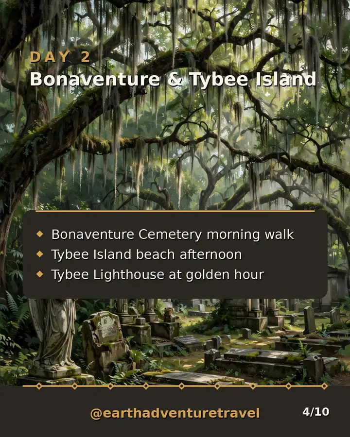 Day 2 graphic: Bonaventure Cemetery and Tybee Island