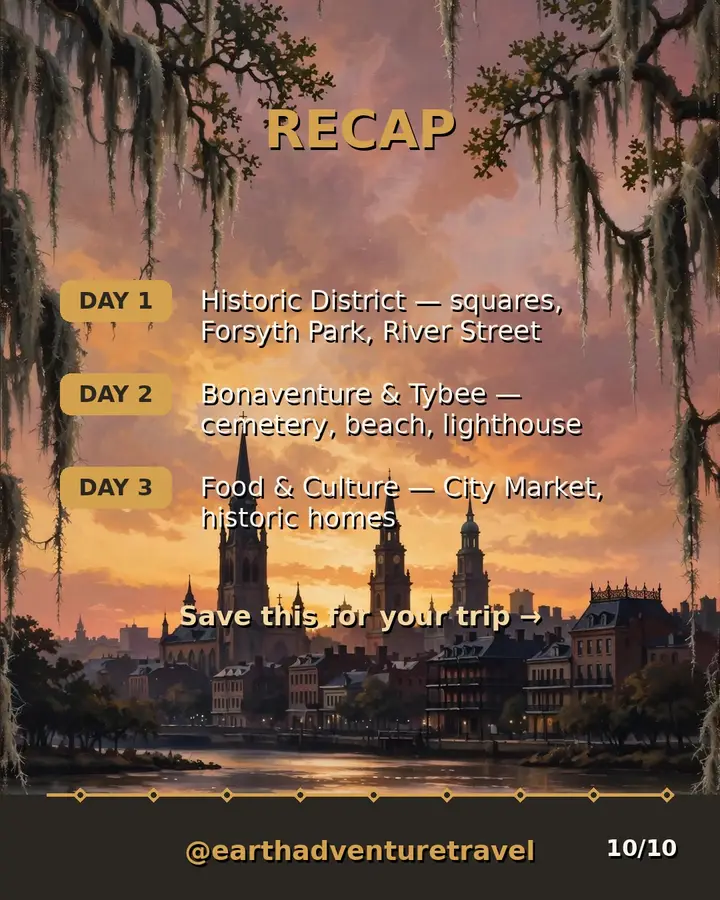 Saveable recap graphic for the three-day Savannah city route