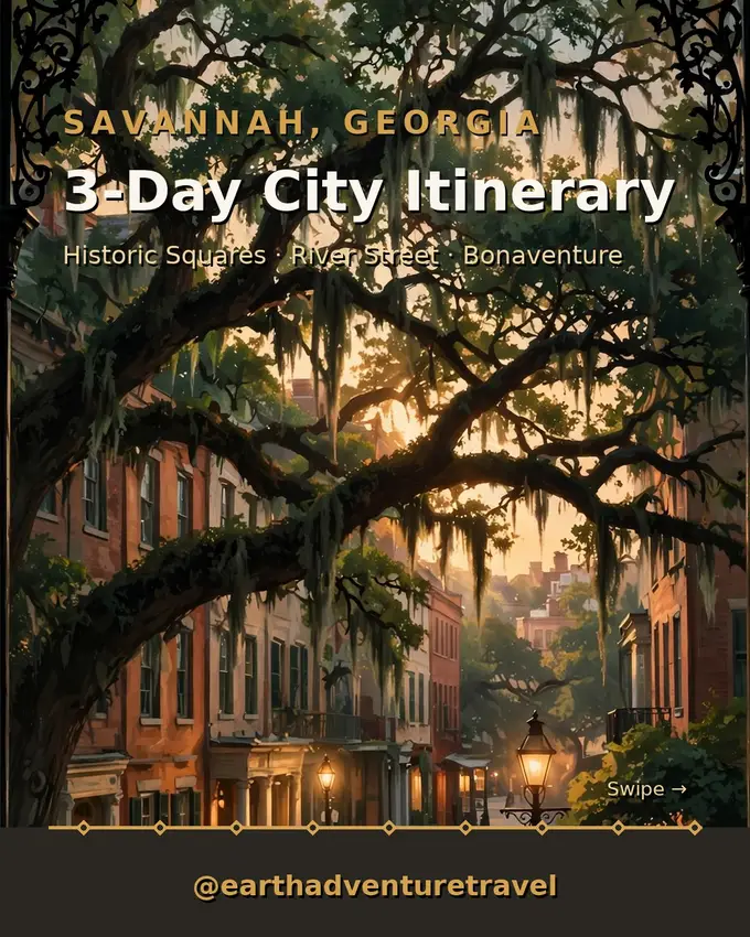 Illustrated Savannah historic district with wrought-iron flourishes and gas lamps